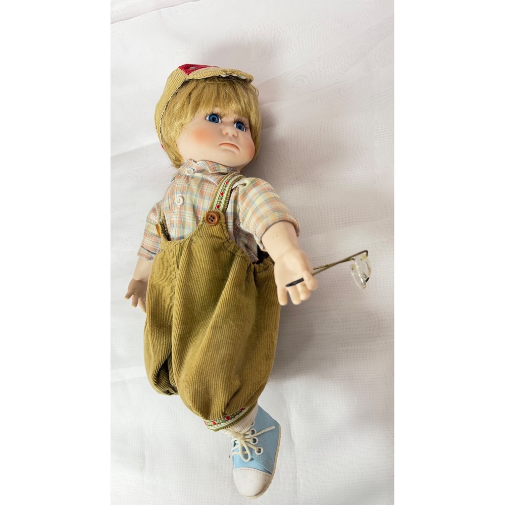 Vintage Porcelain Boy Doll Corduroy Overalls Plaid Shirt Newsboy Cap Blue Eyes